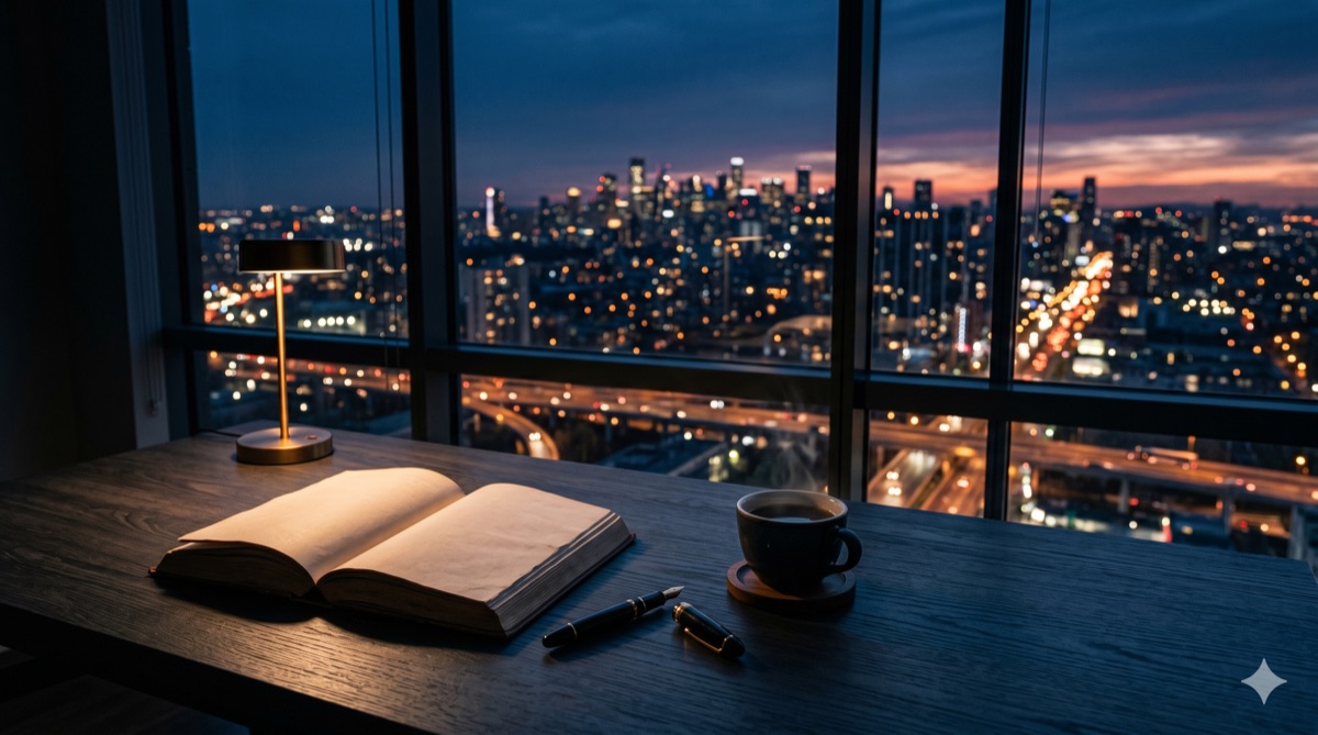 夜の書斎で本を読む